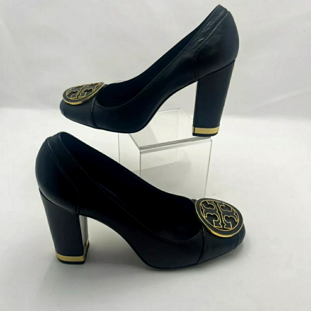 Tory Burch Designer Dewie Black Leather Pump Heel Women Size 8.5
